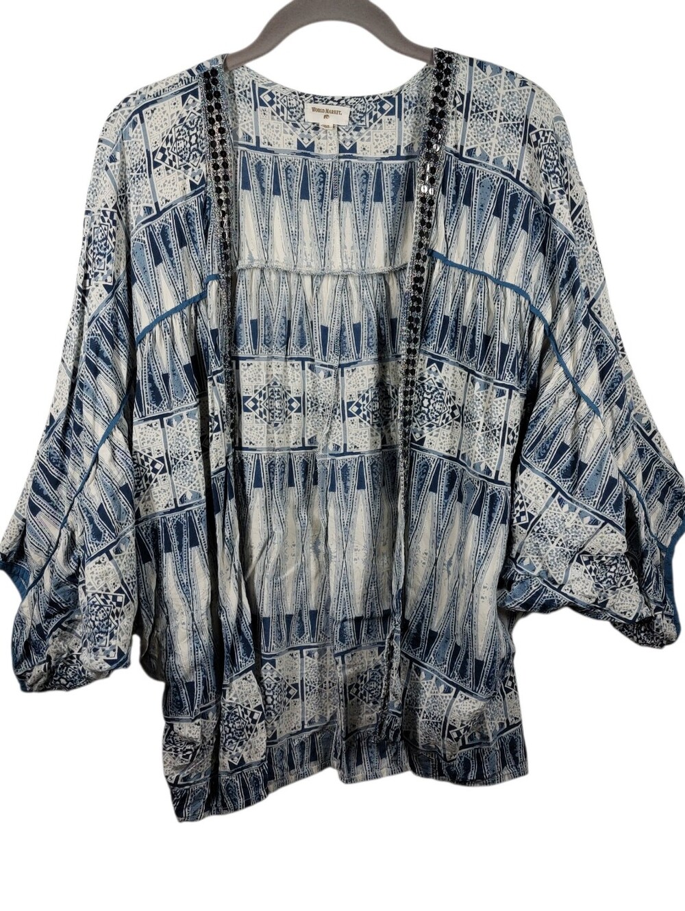 World Market Blues Kimono Topper ONE SIZE Sequin Trim Boho Festival Viscose